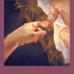 An illustration depicting the hands of baby Jesus in the manger, gently grasping his mother's finger.