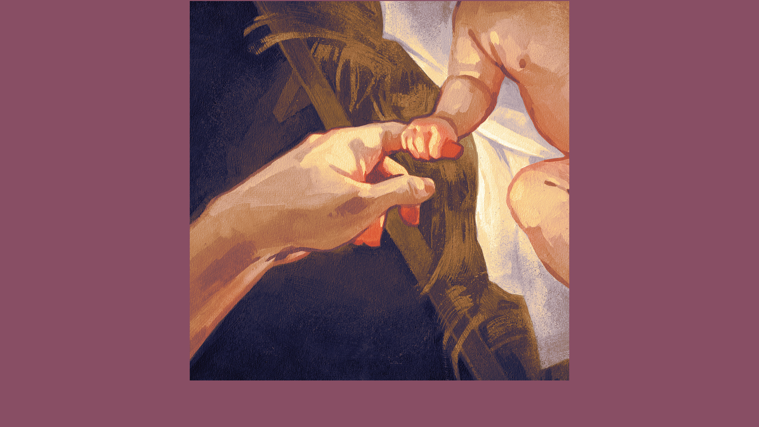 An illustration depicting the hands of baby Jesus in the manger, gently grasping his mother's finger.