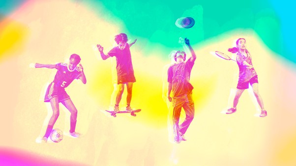 Four young people playing sports on a colorful background.