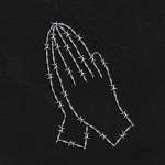 Barbed wire in the shape of praying hands on a black background.