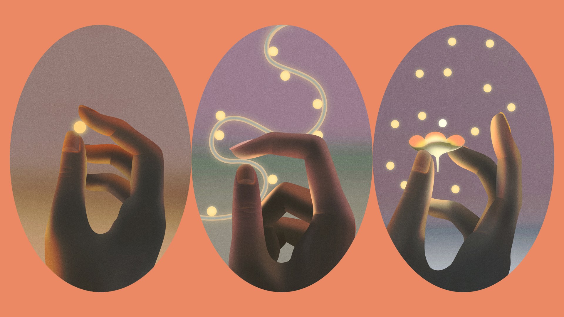 Three ovals containing hands holding glowing points of light on an orange background.
