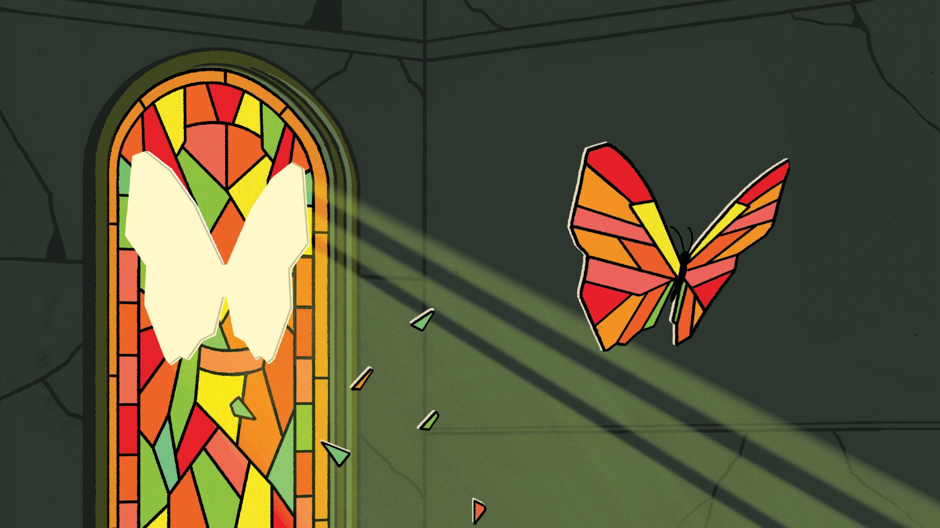 A stained-glass butterfly breaks out of a stained glass window.