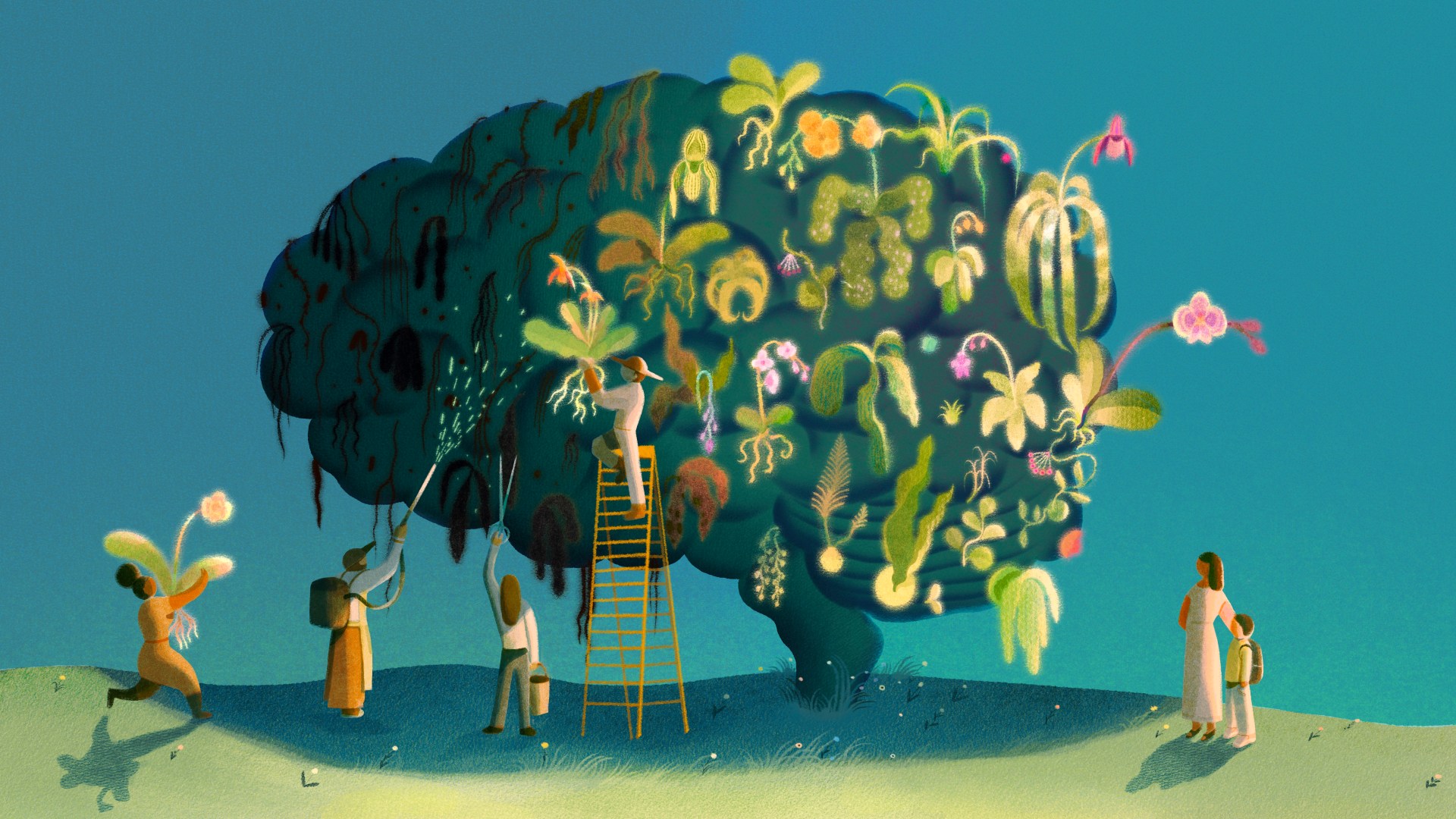 Several diverse people tending a brain that is in the form of a tree.