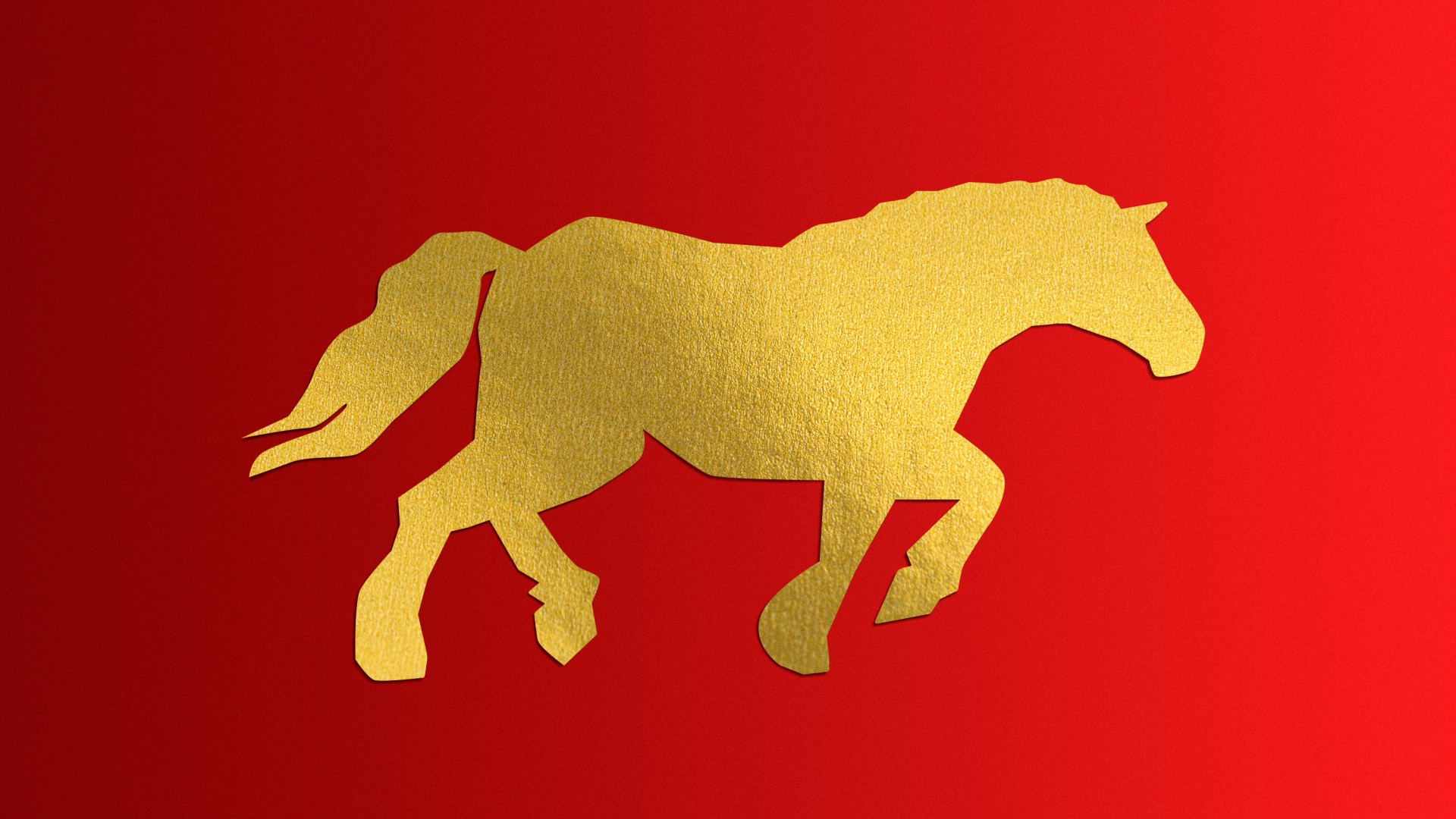 A gold workhorse on a red background.