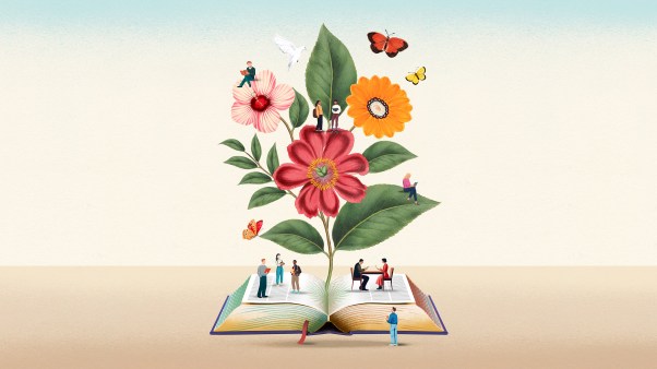 A large branch of flowers growing out of an open book; the book also serves as a space where people gather, talk, and read.